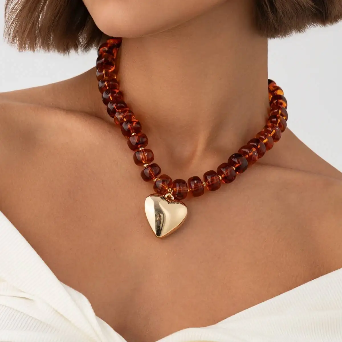 KunJoe Trendy Amber Acrylic Resin Beaded Gold Color Heart Pendant Necklace Women Fashion Geometric Beads Choker Y2K Jewelry Gift