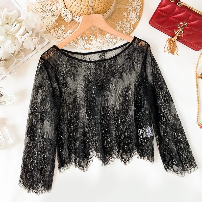 

Летний женский топ из ледяного шелка с кружевными вырезами, тонкий, дышащий, свободного кроя