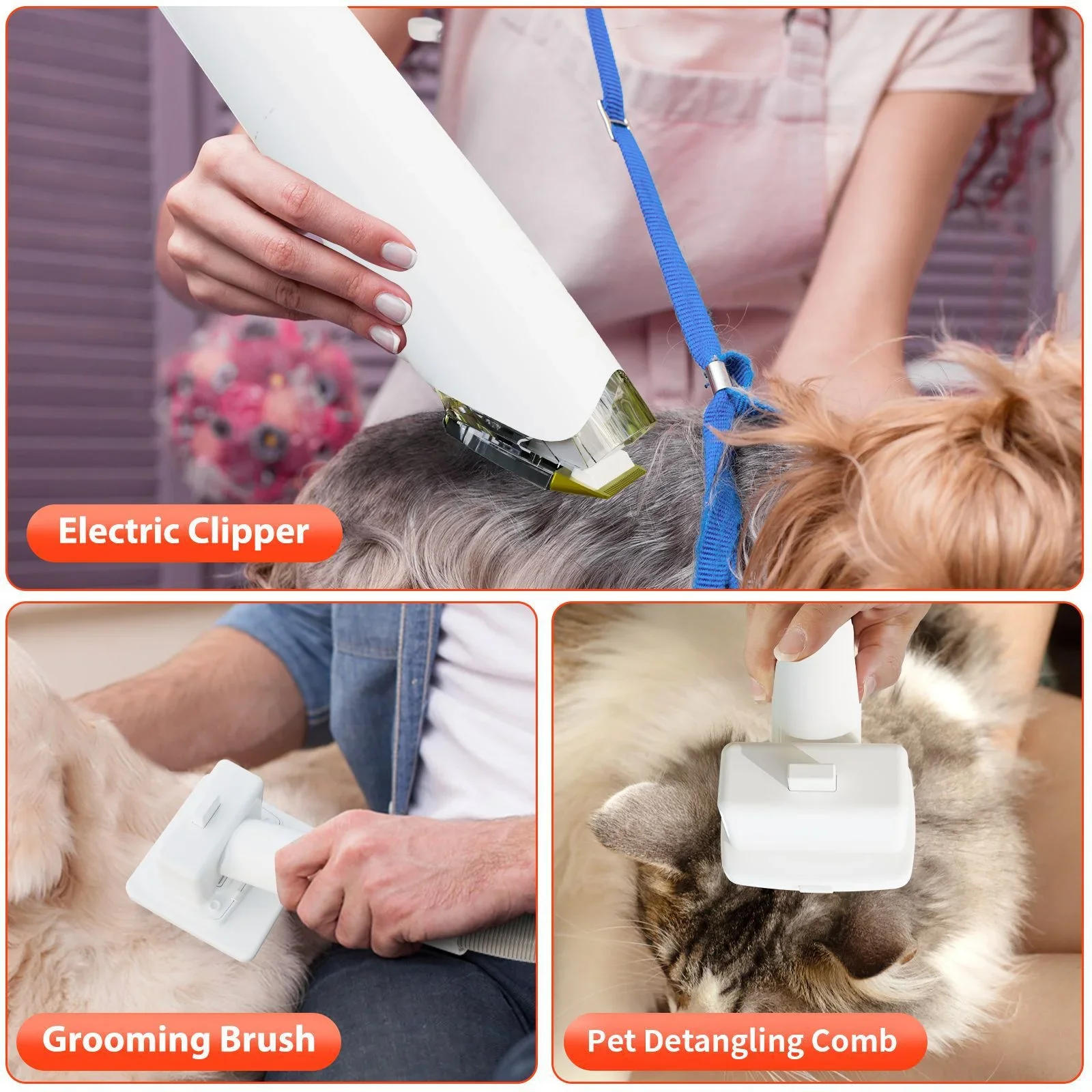 Kit de aseo para mascotas: aspiradora para pelo de gato/perro con depósito de 2,2 litros, secador de pelo para mascotas con velocidad y temperatura ajustables, limpiador de pelo para mascotas de bajo nivel de ruido.