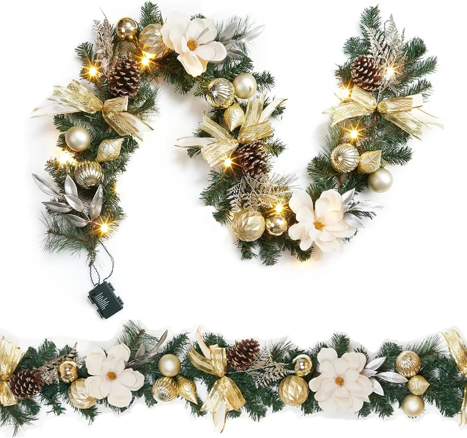 Garvee 6 ft Pre-Lit Christmas Garland Home Party Decor Battery Operated Xmas Garland with 20 LED Lights Outdoor Yard Pine Rattan Hanging Ornaments Cheap Gold Balls for Front Door Fireplace Mantel Stairs Table Decor view 8