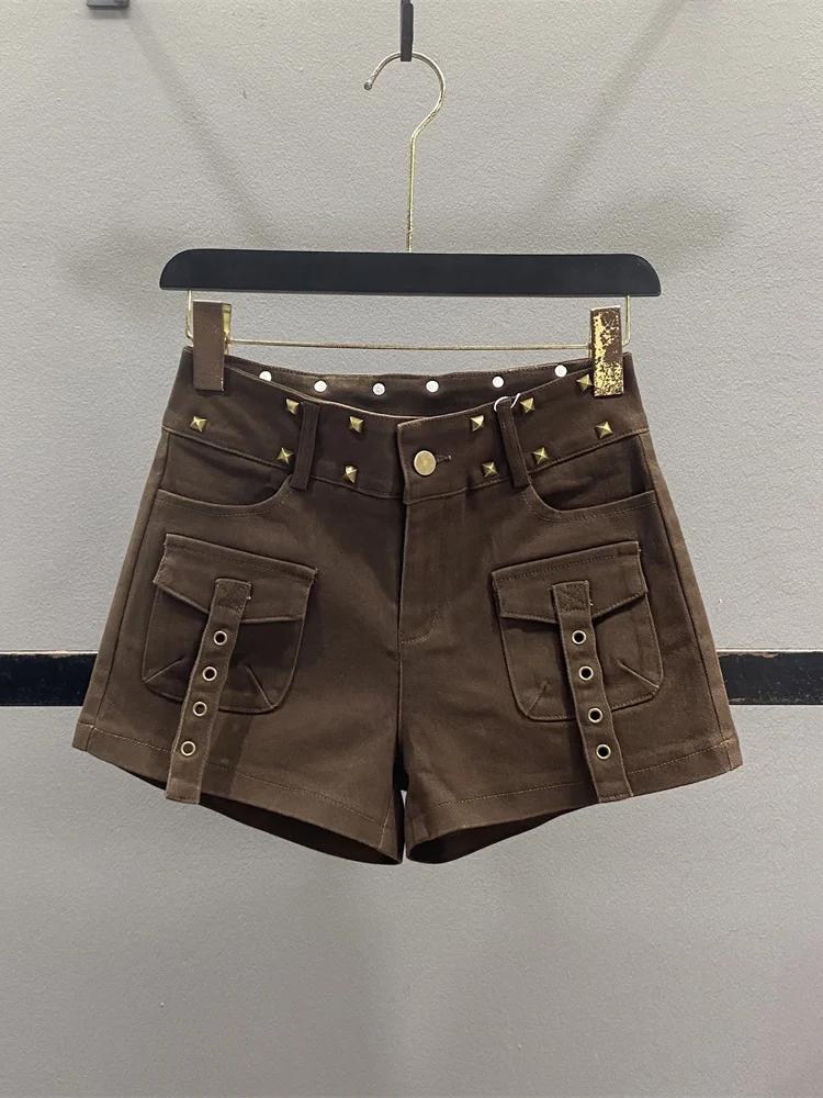 

American Heavy Duty Rivet Work Denim Shorts Women Casual Wide Leg Pants Hot Girl Short Skirt Natural Waist Jeans Fabric Butto...