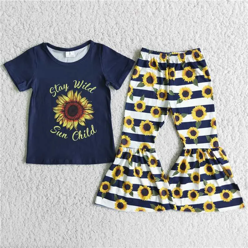 

New Summer Fashion Baby Girls Children Black Sunflower Print Floral Long Bell Bottom Pants Wholesale Boutique Outfits