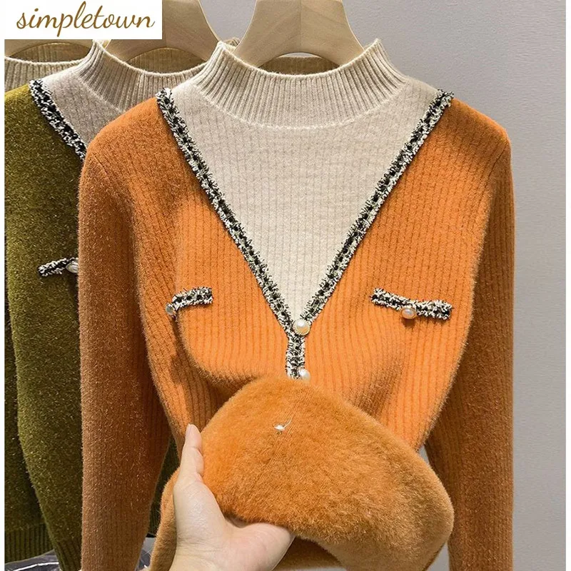 Autumn and Winter New Fashion Plush Thickened Half High Collar Fake Two Piece Sweaters Women's Knitted Underlay