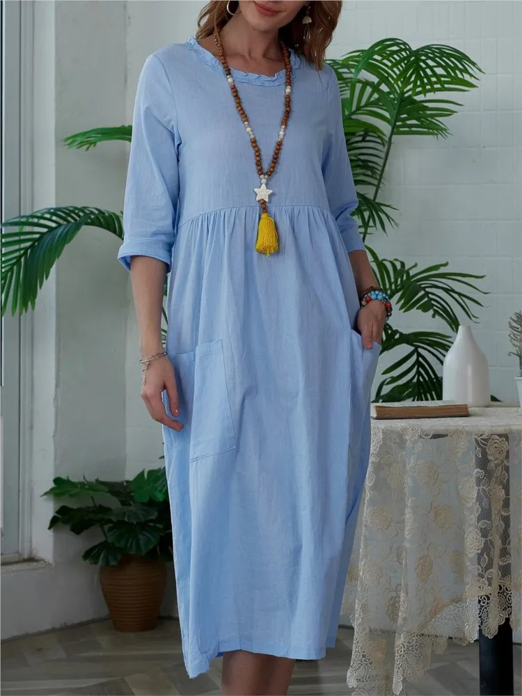 

Solid Color Round Neck Half Sleeve Dress Fashion Casual Loose Midi Dress 2026 Spring New Solid Color Elegant Versatile Skirt