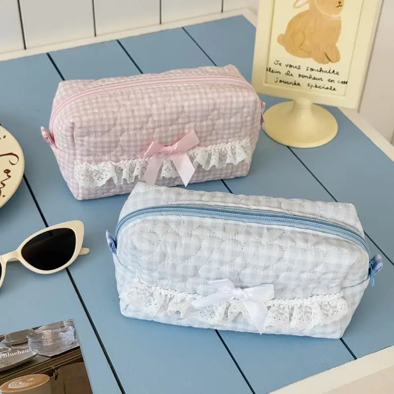 Pink Blue Checkered Lace Pencil Case with Cute Quilted Design Large Capacity Stationery Organizer for School Supplies Storage