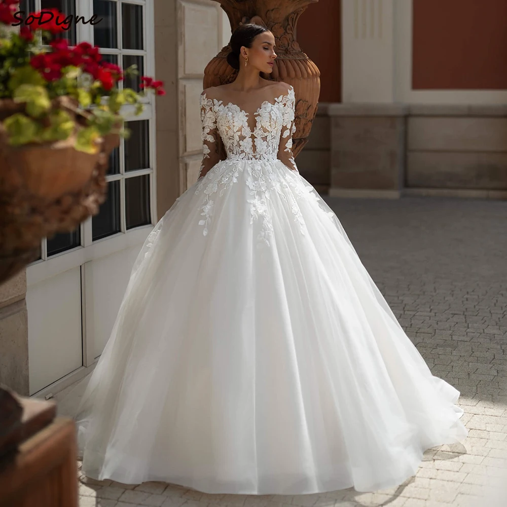 

SoDigne A-line Lace Appliques Wedding Dresses Off Shoulder Tulle Bridal Dress Long Wedding Gown Robe De Mairee ﻿Customized ﻿