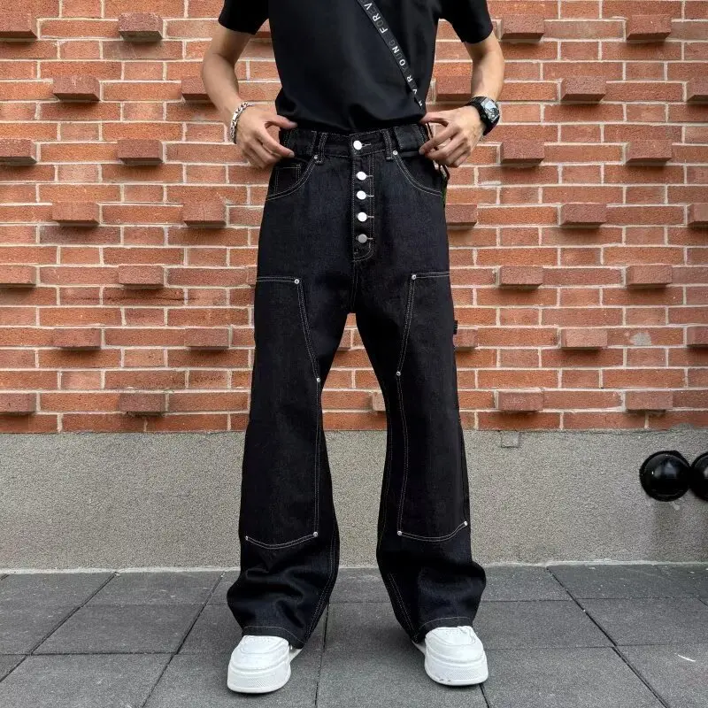 WTHT Vintage Men's Spliced Deconstruct Single Breasted Design Denim Pants Fashion Loose Wide Leg Jeans Male 2025 Autumn 2A2408