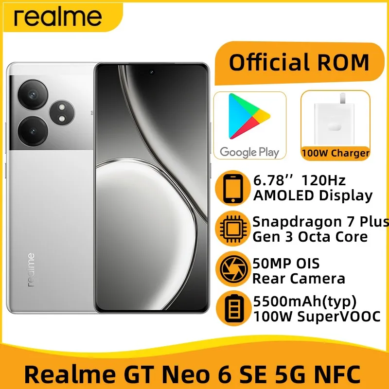 Разблокированный смартфон realme GT Neo 6 SE, телефон с идентификацией для телефона, Восьмиядерный процессор Snapdragon 7 Plus Gen 3, экран 6,78 дюйма 120 Гц AMOLED, камера 50 МП, 5500 мАч, зарядное устройство 100 Вт