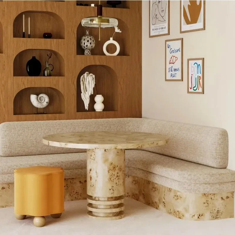 

Knot wood veneer round dining table, retro minimalist dining set, suitable for family dining and hotel use