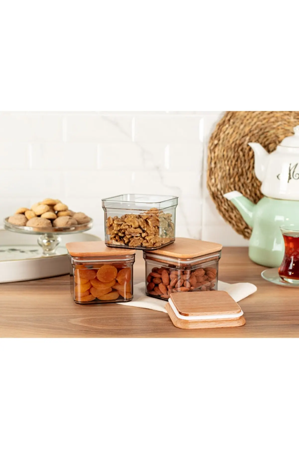 Wooden Lid Storage Container Made of 3 Pieces - Smoked - 500 Ml Quality Wood and Glass Stylish and Useful 2022 Trend Model