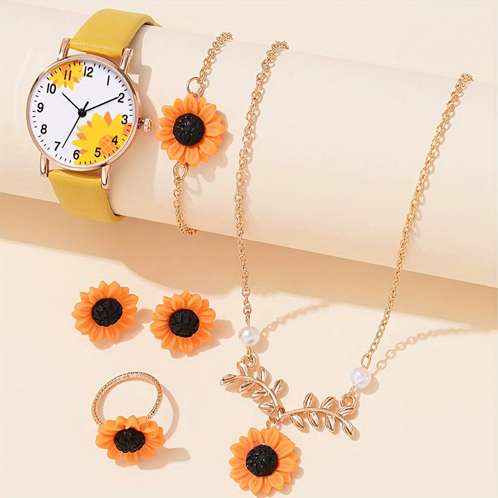 6pcs/set Cute Daisy Flower Quartz Watch and Jewelry Set for Women - Perfect Gift for Girls and Her