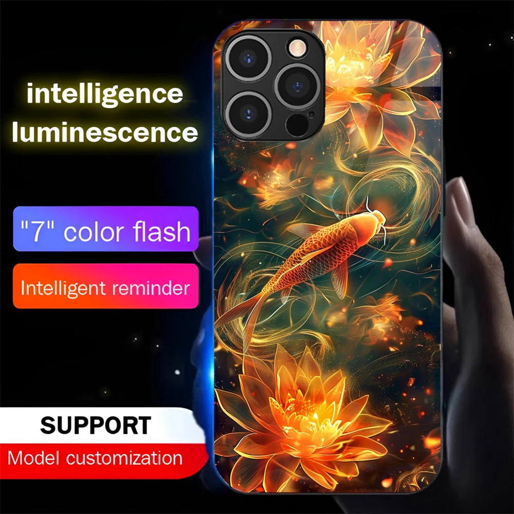 

2025 Lucky Koi Carp LED Light Glow Luminous Tempered Glass Phone Case For Samsung S25 S24 S23 S22 S21 S20 FE Plus Ultra