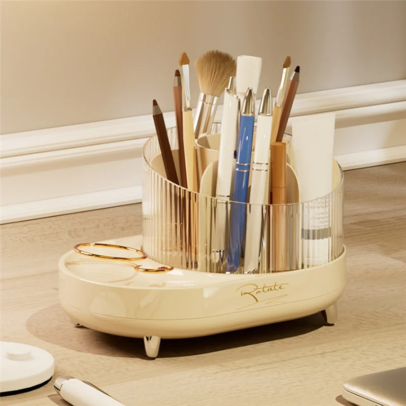 

AA81-360° Rotating Makeup Organizer Countertop, 7 Slot Clear Spinning Make Up Brushes Storage Divided Pen Container Rack
