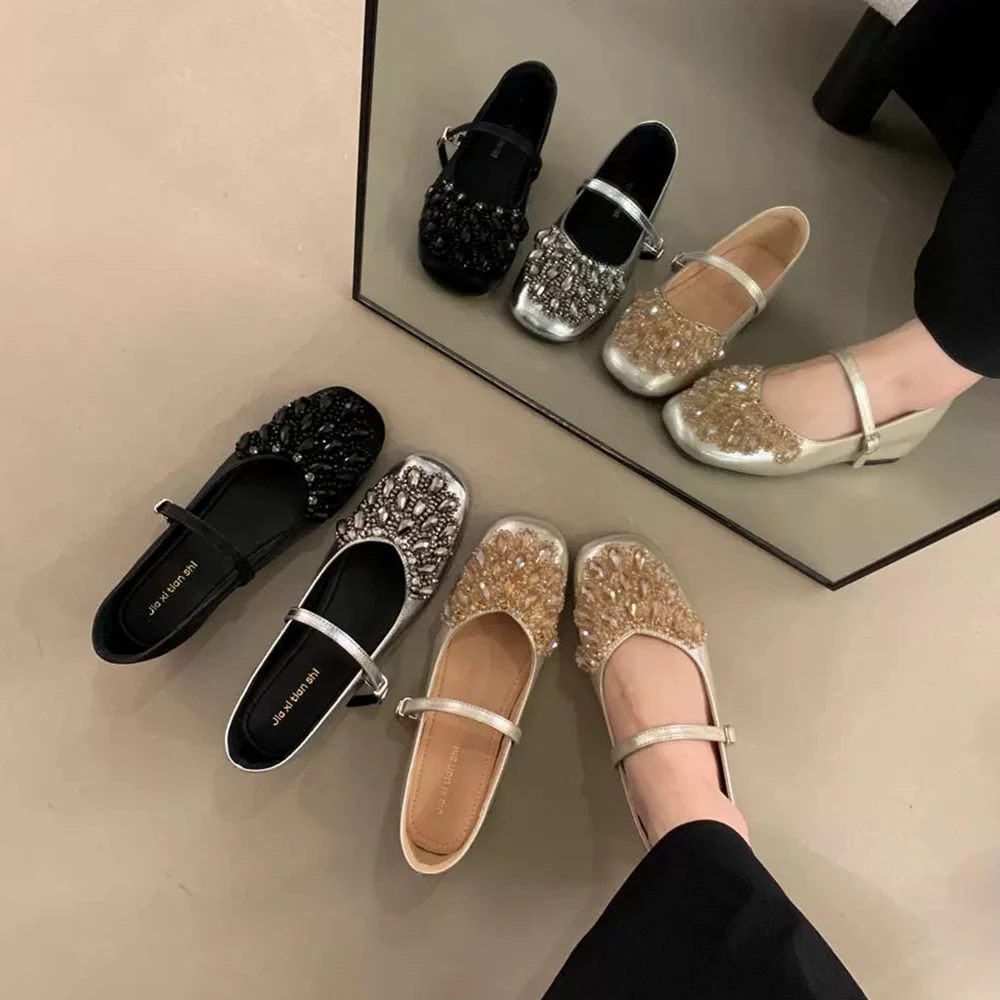 

Women Flats Mary Jane Shoe Round Toe Wedding Rhinestone Buckle Strap Flat Shoes for Work Party Everyday Outfits