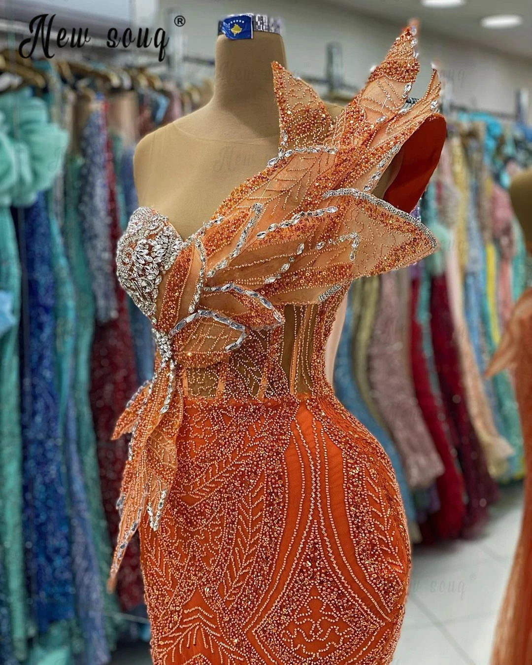 Abendkleider Women Orange Evening Dresses 3D Leaf Appliqued Wedding Event Gowns Luxury Beaded  Vestidos De Fiesta Birthday Wear