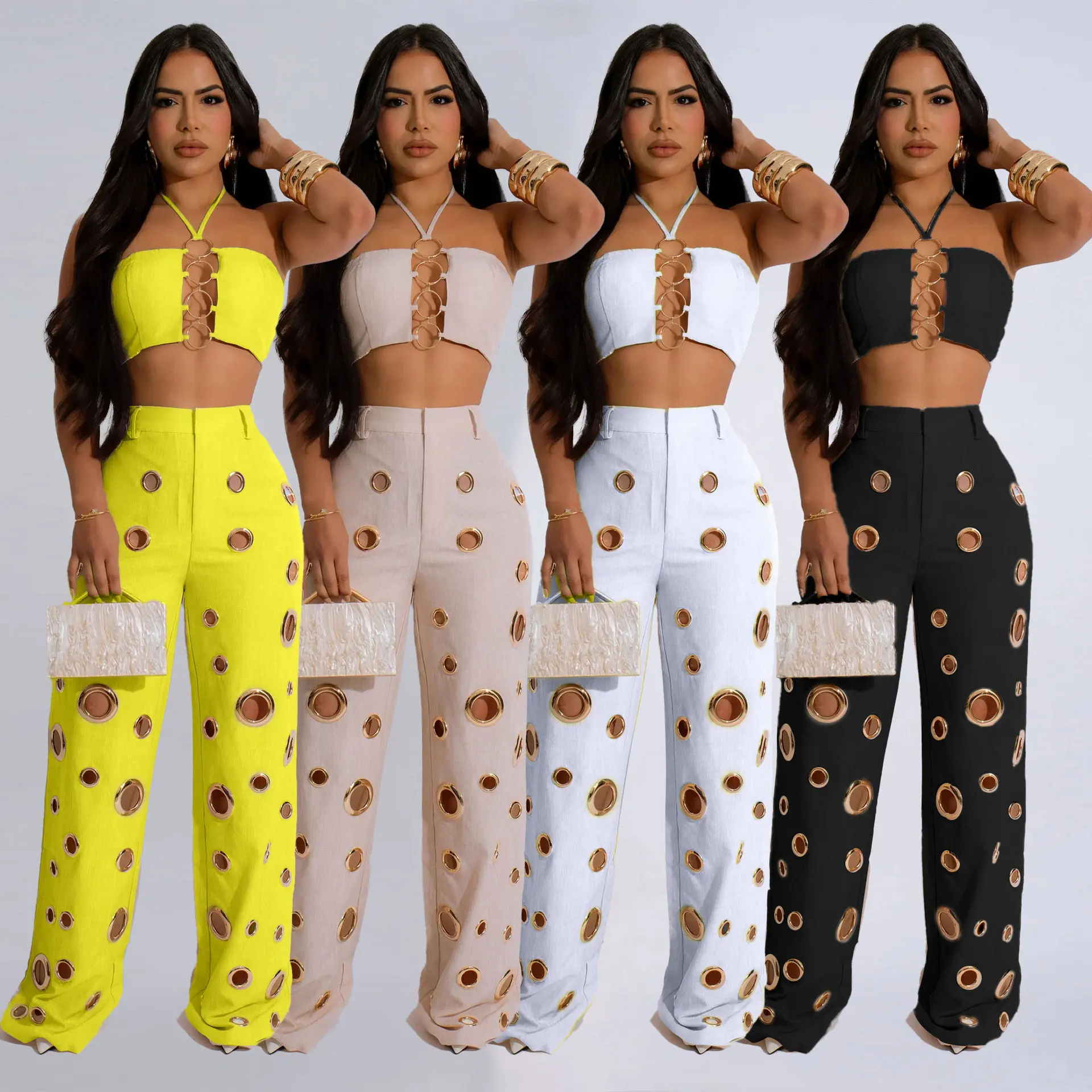 

Pant Set Women Two Piece Sets Sexy Party Night Strapless Matching Sets Tops Hole Wide Leg Long Pants High Waist Y2k Streetwear