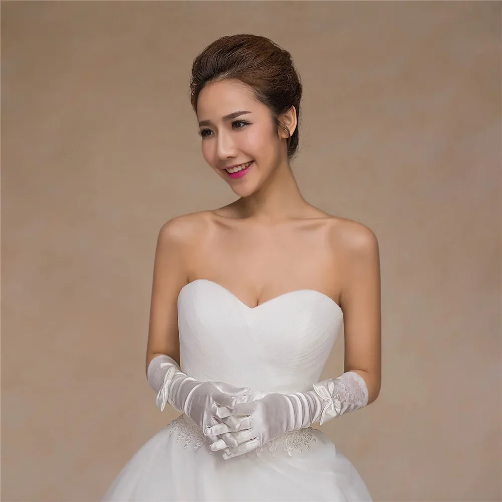 New Arrival Bridal Gloves Elegant Lace Satin Bowknot Gloves Embroider Wedding Accessories Vestido Bridal Cheap Finger Sexy