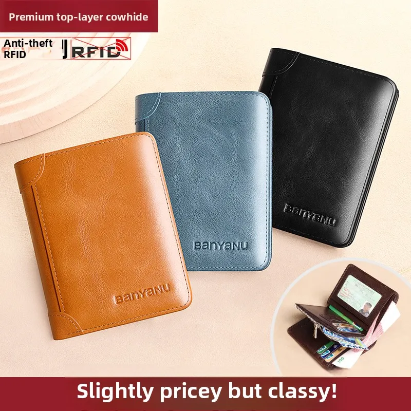 top-layer-cowhide-leather-wallet-men's-with-zipper-coin-pocket-genuine-leather-large-capacity-multi-function-driver-license-a