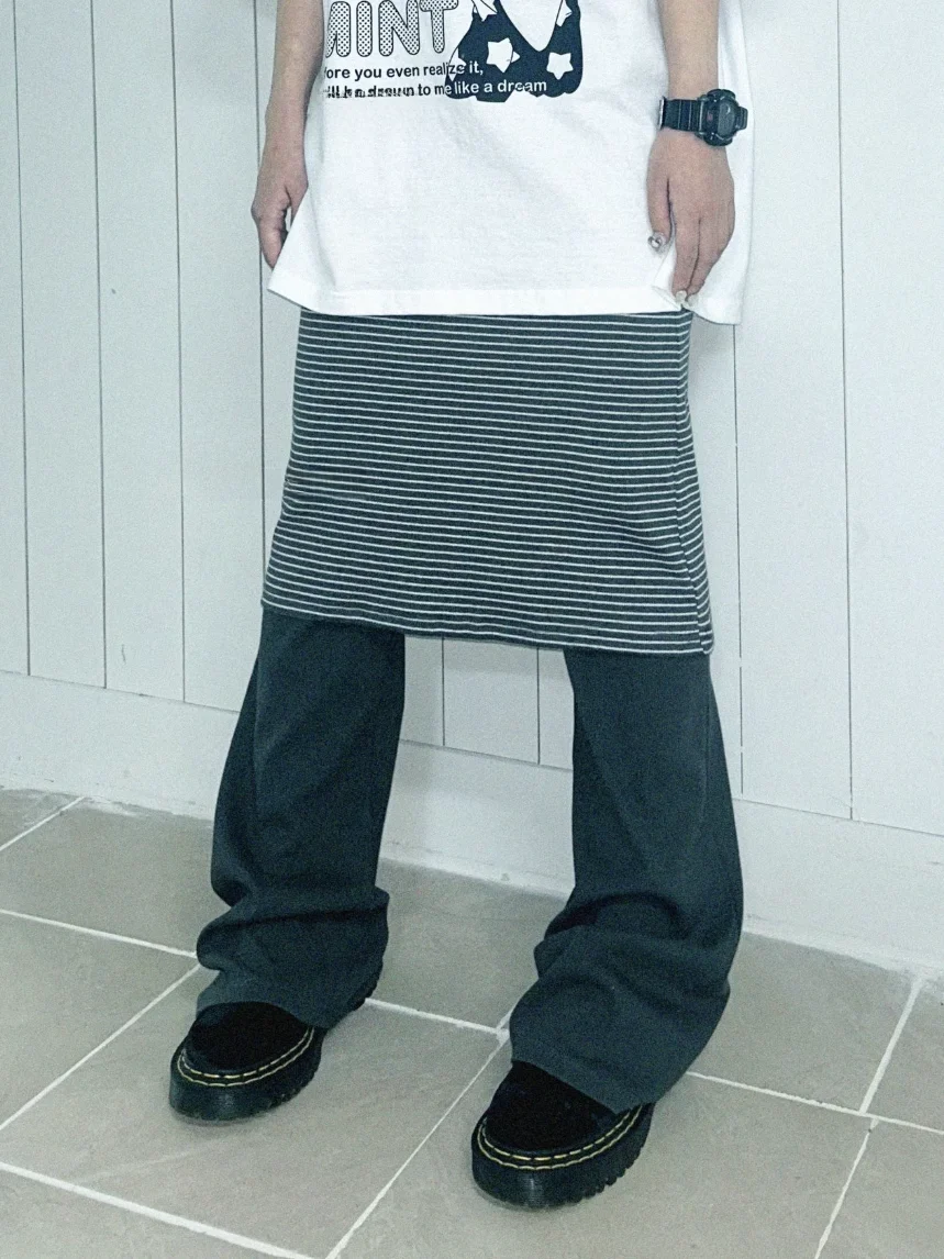 

Уникальные корейские облегающие повседневные брюки SEI в полоску, женские брюки-юбка с высокой талией, прямые брюки, микроэластичные