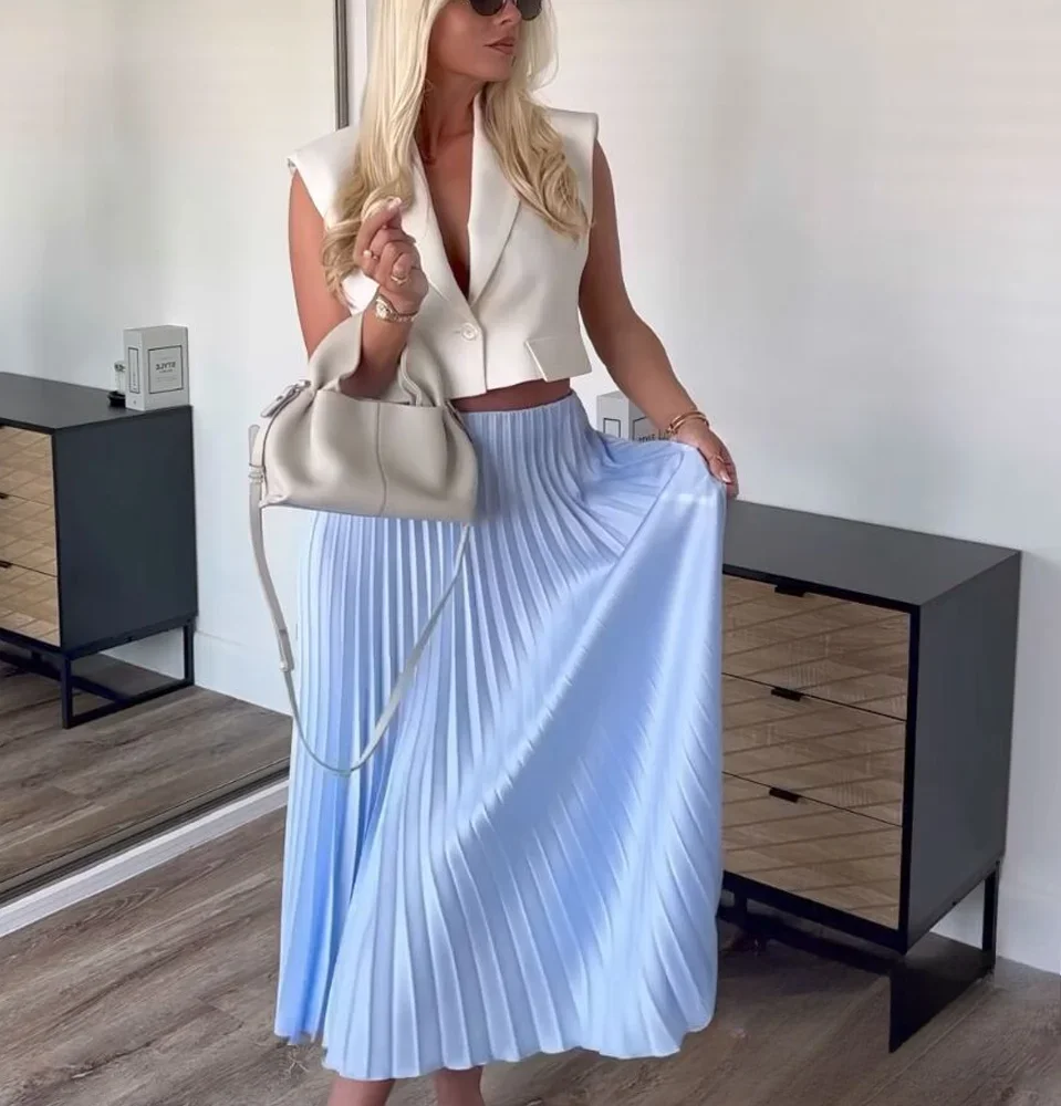 

KONDALA Women Elegant Chic Blue Skirt Pleated Midi Skirt 2025 New Summer Fall Fashion Holiday Party Wedding Guest Fairy Skirts