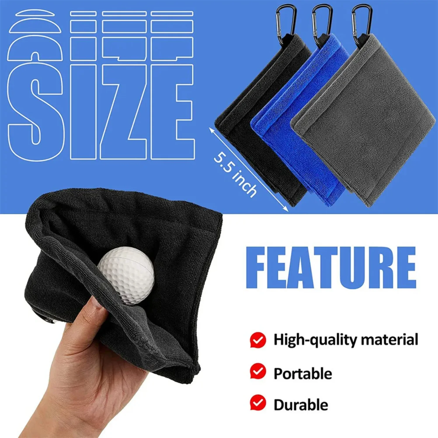 Square Microfiber Golf Ball Cleaning Towel with Carabiner Hook Water Absorption Cleaner    Wipe Cloth Clean