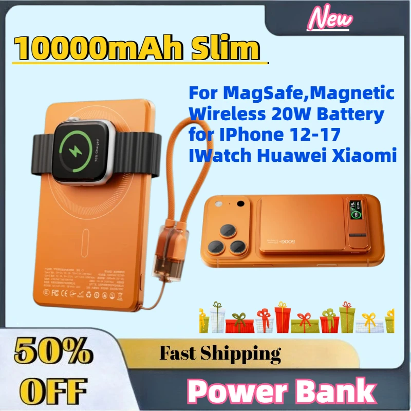 

10000mAh Slim Power Bank Fast Charging Portable for MagSafe,Magnetic Wireless 20W Battery for IPhone 12-17 IWatch Huawei Xiaomi