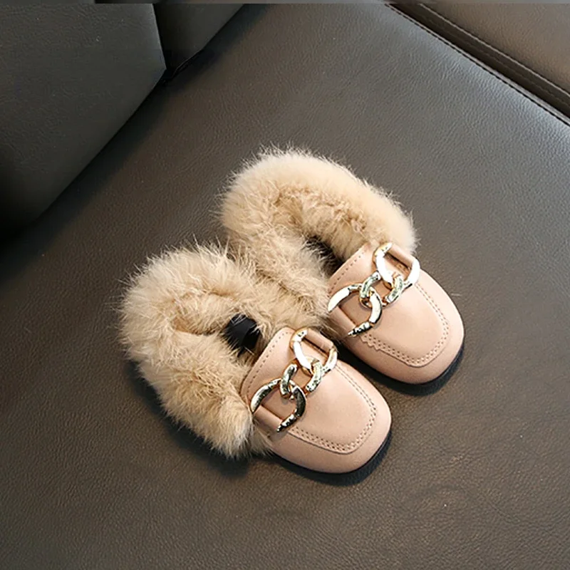 2024 New Girls Brand Design Kids Warm Plush Shoes Child Luxury Real Rabbit Fur Mules with Metal Chain and Elastic Band Children