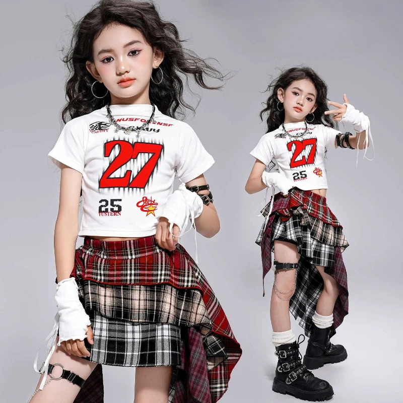 

New Girls Street Dance Hip Hop Clothing Short Sleeve T Shirt Plaid Skirt Summer Performance Suit Jazz Dance Costume Stage Wear
