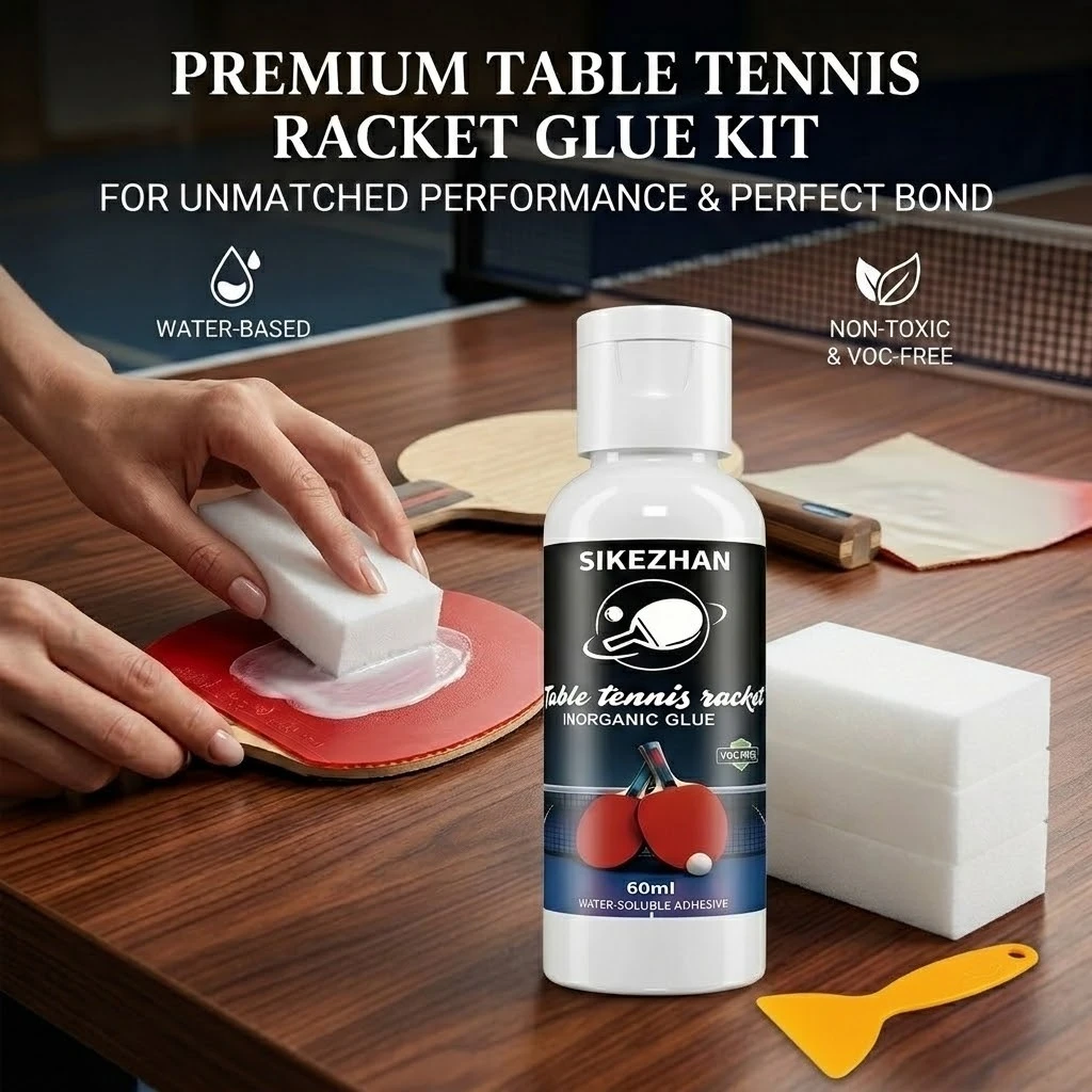 60ml Table Tennis Glue with 3 Sponges + Yellow Scraper, Strong Adhesive for Ping Pong Racket Assembly & Rubber Replacement