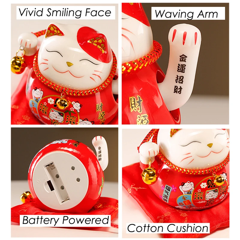 4.5 Inch Ceramic Beckoning Lucky Cat Battery Powered Fortune Cat Waving Arm Maneki Neko Gift Box Home Decoration Centerpiece