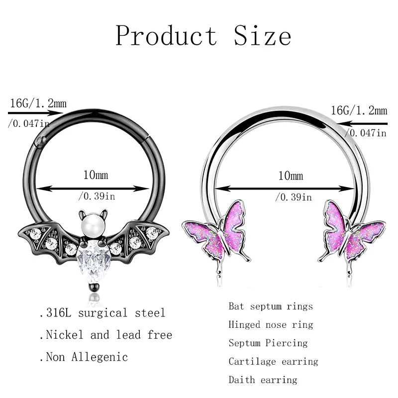 2Pcs 16G Stainless Steel Butterfly Hinged Septum Nose Ring Hoops,BCR Horseshoe Cartilage Daith Helix Rook Conch Piercing Jewelry