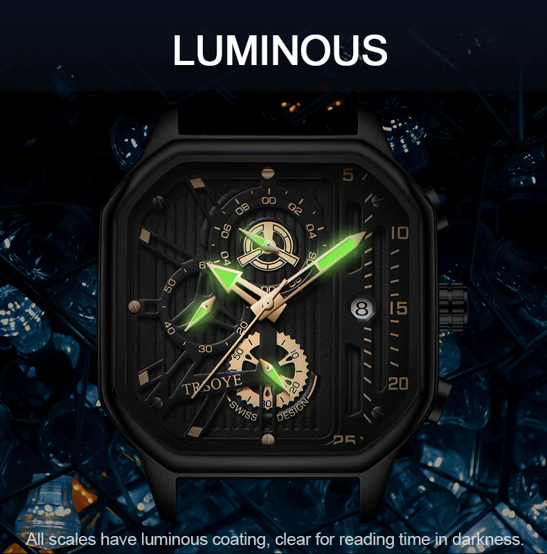 Trsoye 6604 Fashion Square Dial orologi da uomo in pelle Luxury Sport orologio impermeabile cronografo da uomo orologi da polso al quarzo Homme + Box