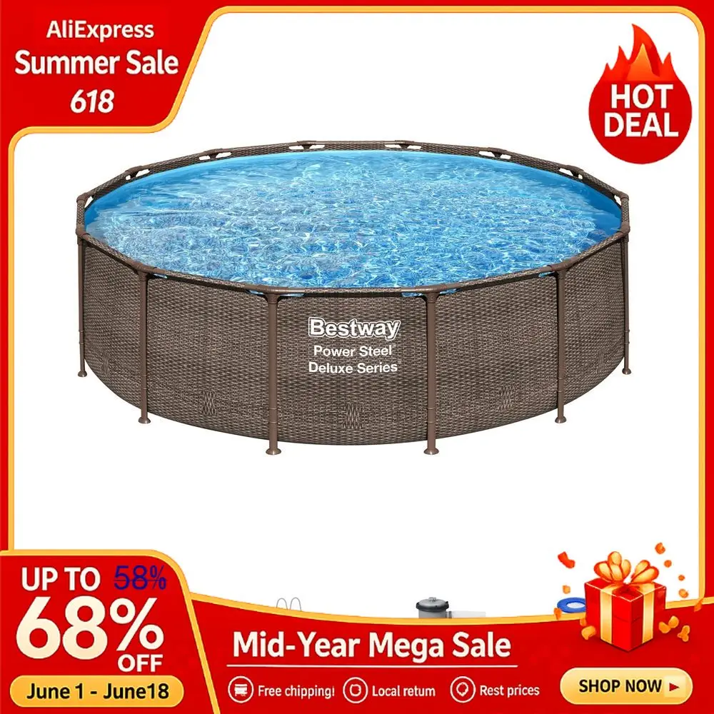 

Power Steel 14 x 42 Round Above Ground Outdoor Backyard Swimming Pool Set 1,000 GPH Filter Pump, Ladder, and Pool Cover, Custom