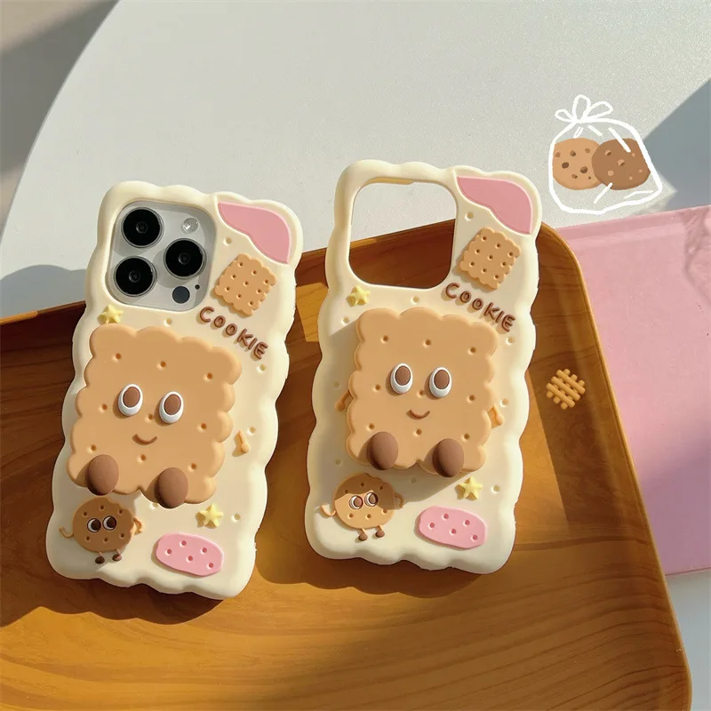 Funda de teléfono de silicona suave con soporte de galleta de dibujos animados 3D creativo para iPhone 16 15 14 13 12 Pro Max cubierta protectora a prueba de golpes