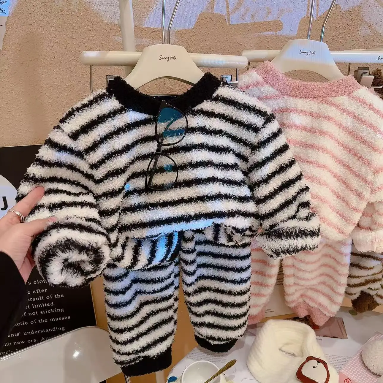 Baby Girls Boys Velvet Pajamas Set Toddler Striped Underwear Suit Teens Casual Sleep Wear 2024 Autumn Winter Children's Clothing