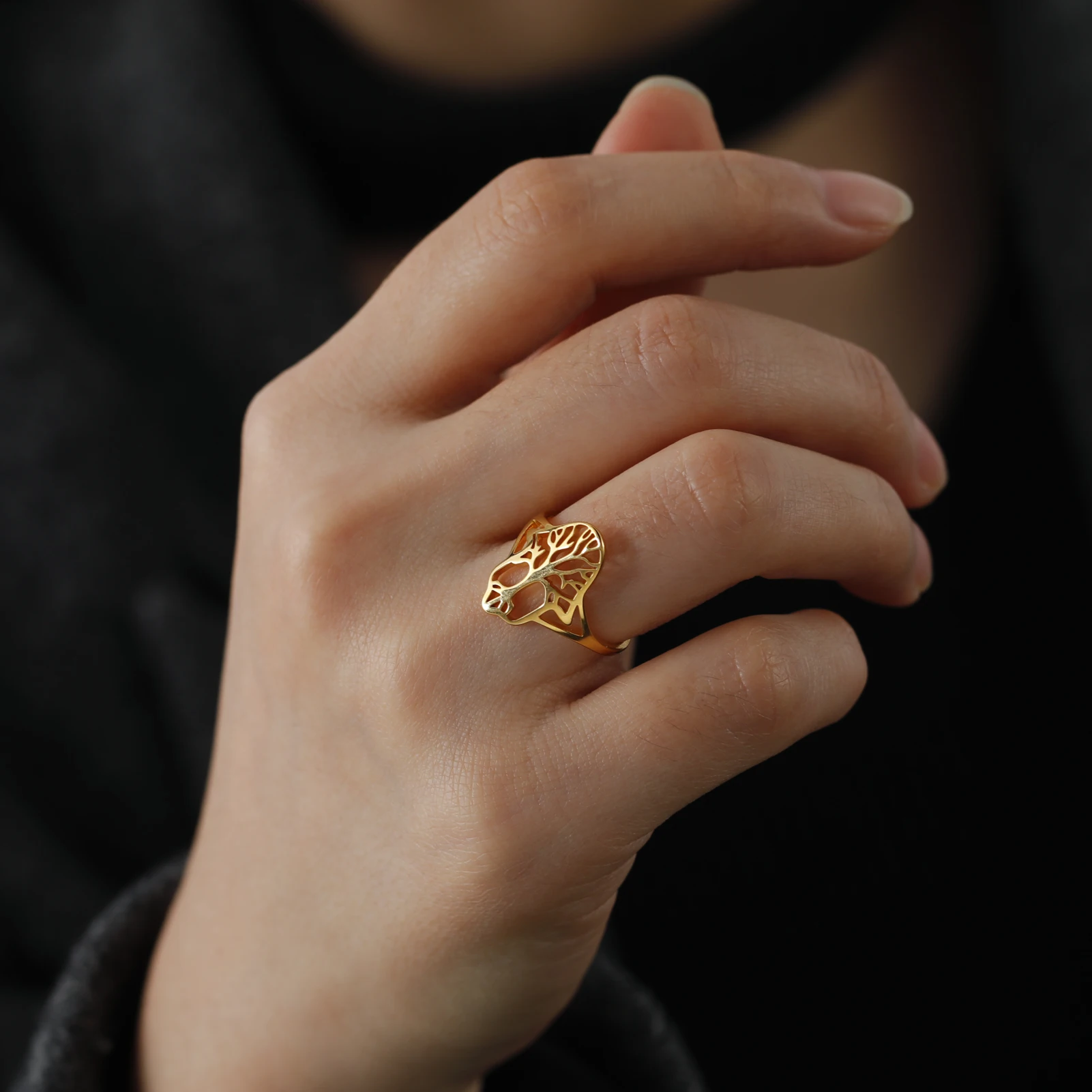 Tree‑of‑Life‑Shape Gold‑Tone Stainless‑Steel Couple‑Ring for Women, Spiritual‑Amulet Finger‑Jewelry, Anniversary‑Wedding Gift‑Ready, New‑In