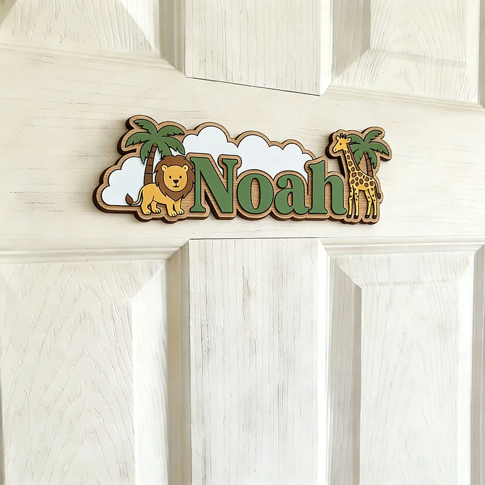 Whimsical Jungle Friends Custom Name Plaque, Cute Lion & Giraffe 3D Wooden Sign, Unisex Kids Room Decor, Tropical Safari Nursery view 5