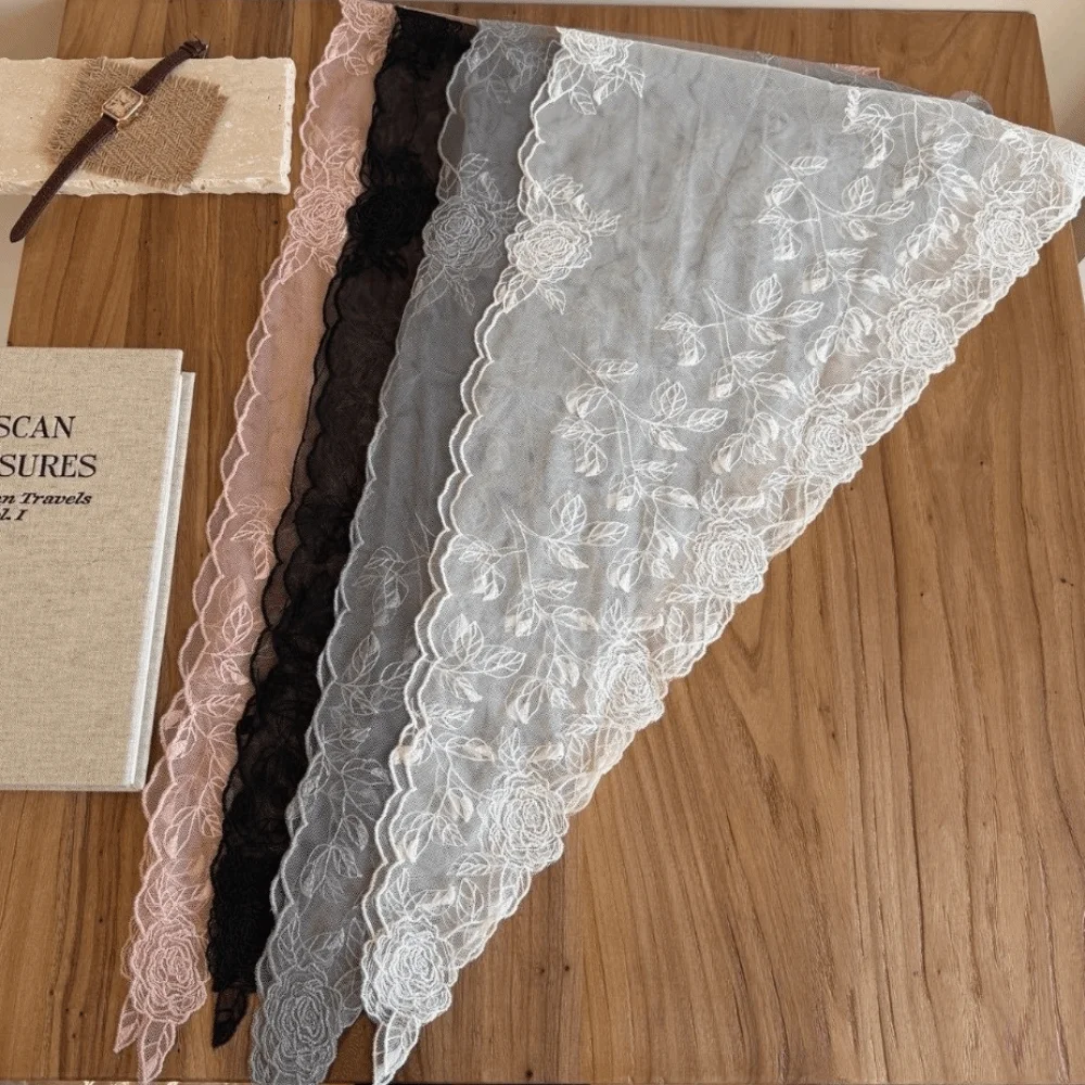 

French Style Breathable Mesh Rose Scarf Lace Design Three-Dimensional Rose Triangle Scarf Elegant Lightweight Silk Scarf Spring