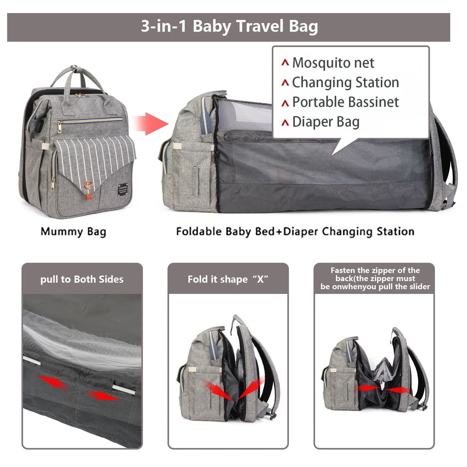 Foldable Baby Bed Waterproof Travel Bag with USB Charge Diaper Bag Backpack with Changing Bed 3 Types 3 in 1 Diaper Bag Backpack 