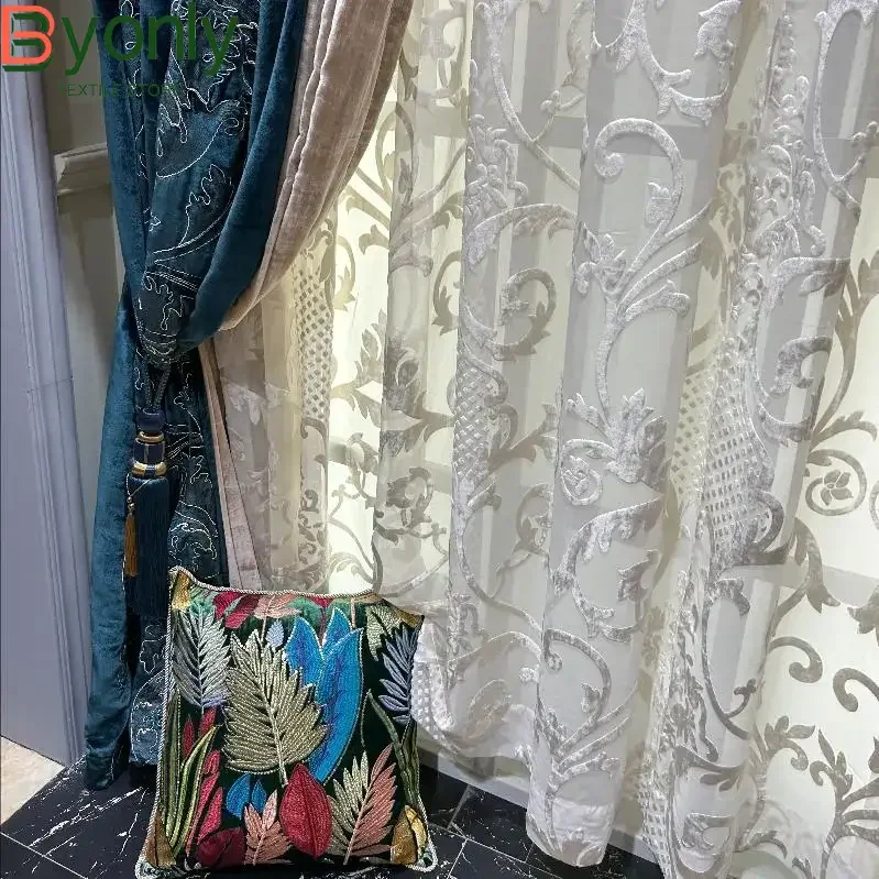 

New Blue Champagne Velvet Embroidered Splicing Curtains for Living Room Bedroom Villa Customized Finished Products Valance