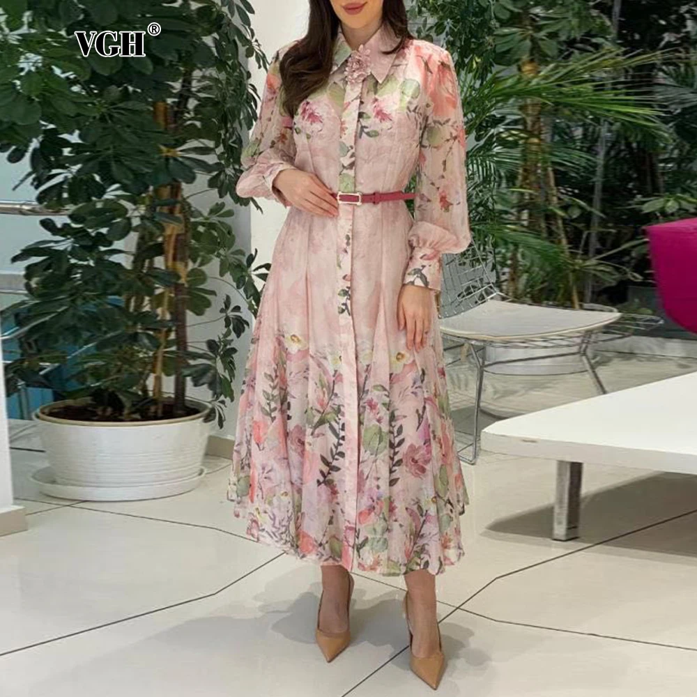 

VGH Office Spliced Sashes Printing Dress for Women Lapel Long Sleeve High Waist Slimming Pleated Elegant Dresses Female Clothing