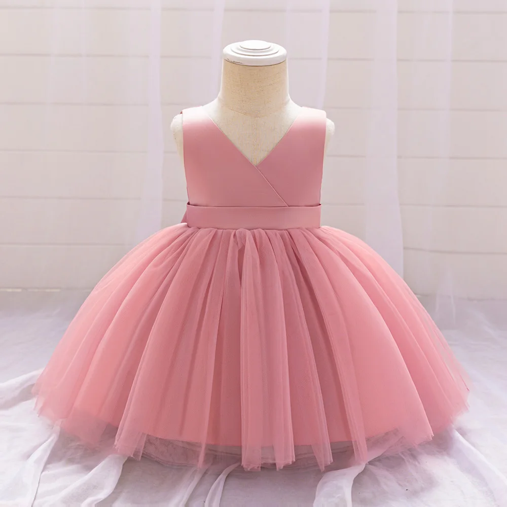 Bow Baby Girls Wedding Dress Tulle Toddler 1st Birthday Party Gown V-neck Infant Baby Princess Dresses For Girl Summer Clothes