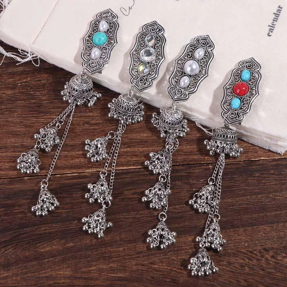 

Vintage Turquoise Tassel Bell Hair Clip Crystal Pearl Ethnic Style Hairpin Headdress Retro Chinese Style Hair Accessories Party