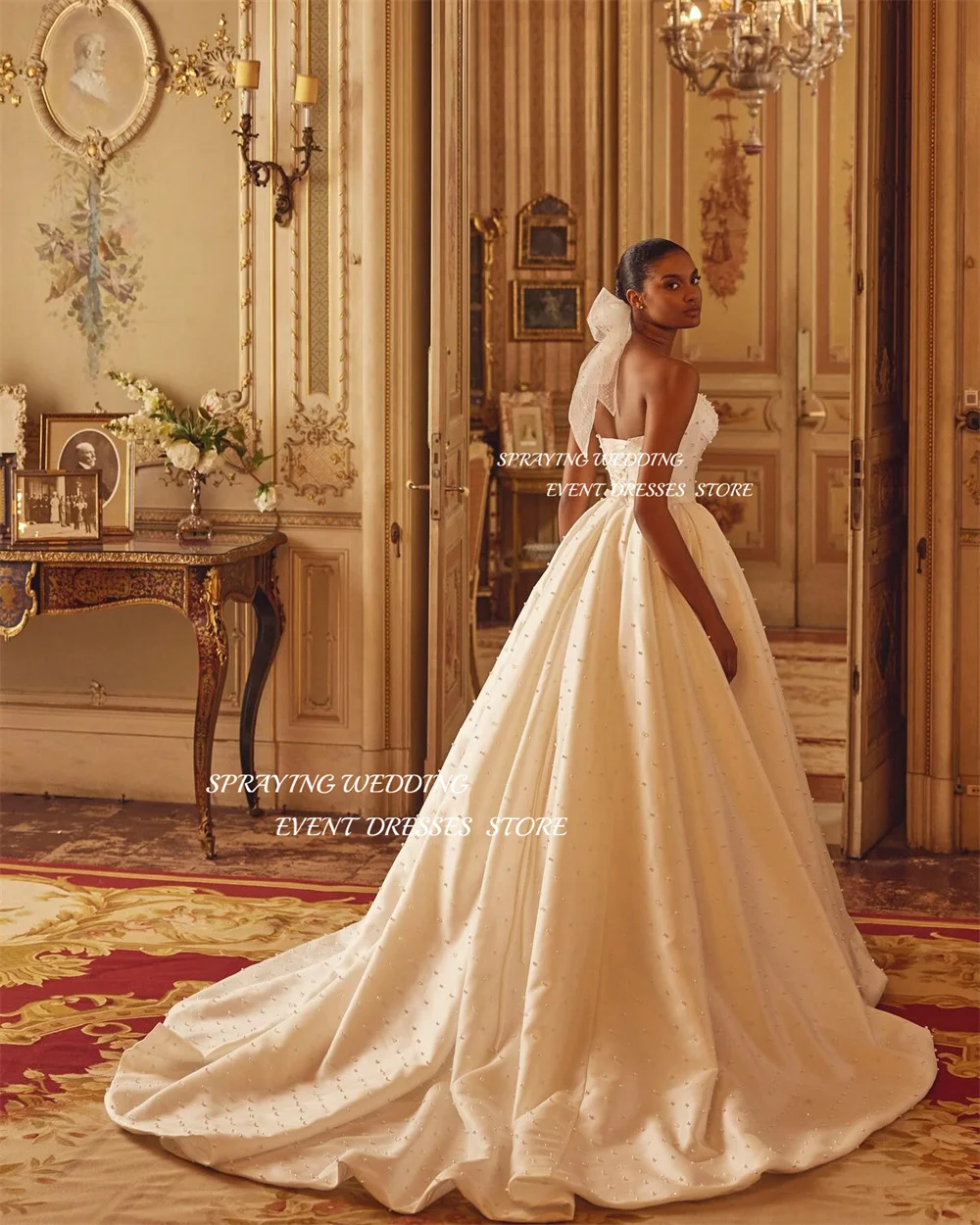 رش فساتين الزفاف الفاخرة اللؤلؤ الحبيب سويب تراين زي العرائس الساتان ألف خط طويل فيستدو دي كاسامنتو. #3
