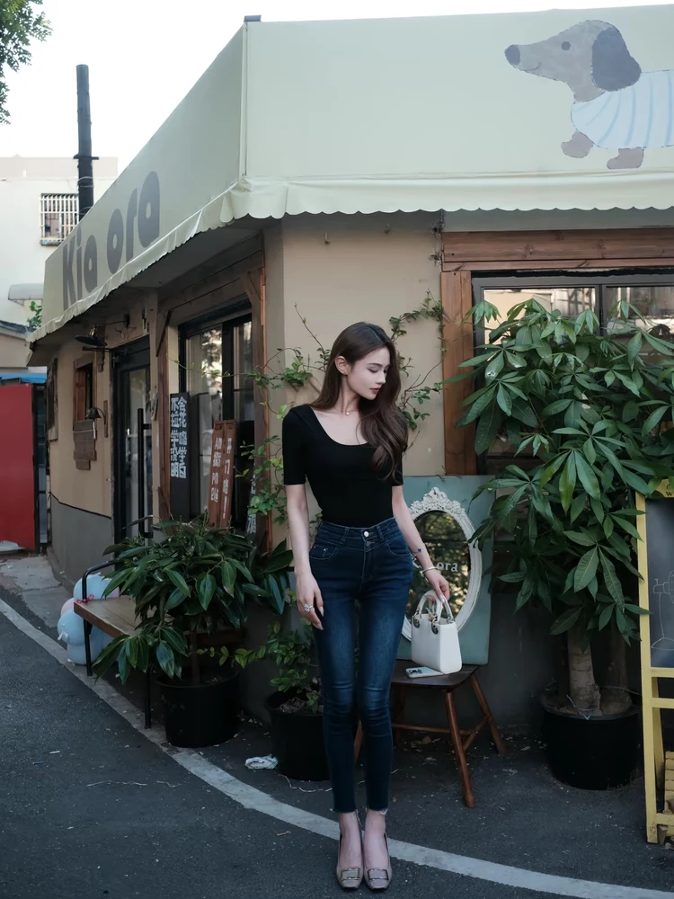 

Slim Fit Korean Sle Deep Blue Jeans High Waist Cotton Stretch Denim Spring Autumn High Rise Butt Lifting Nine Points Pants