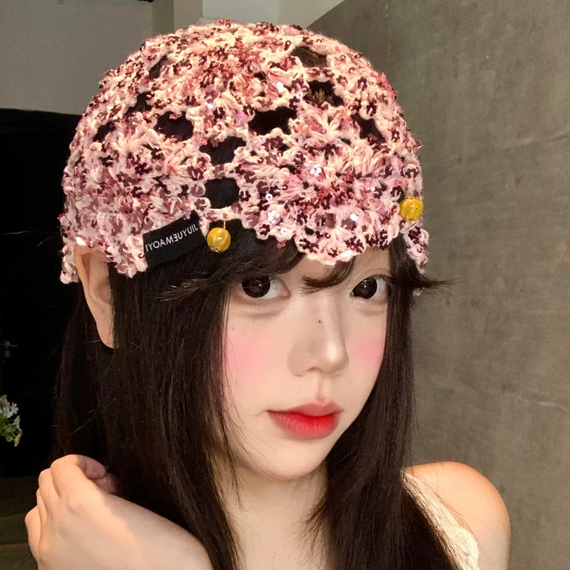 Korean Fashion Hollow Out Hand-crocheted Sequined Beanies for Women Summer Travel Photo Versatile Breathable Thin Pullover Hat
