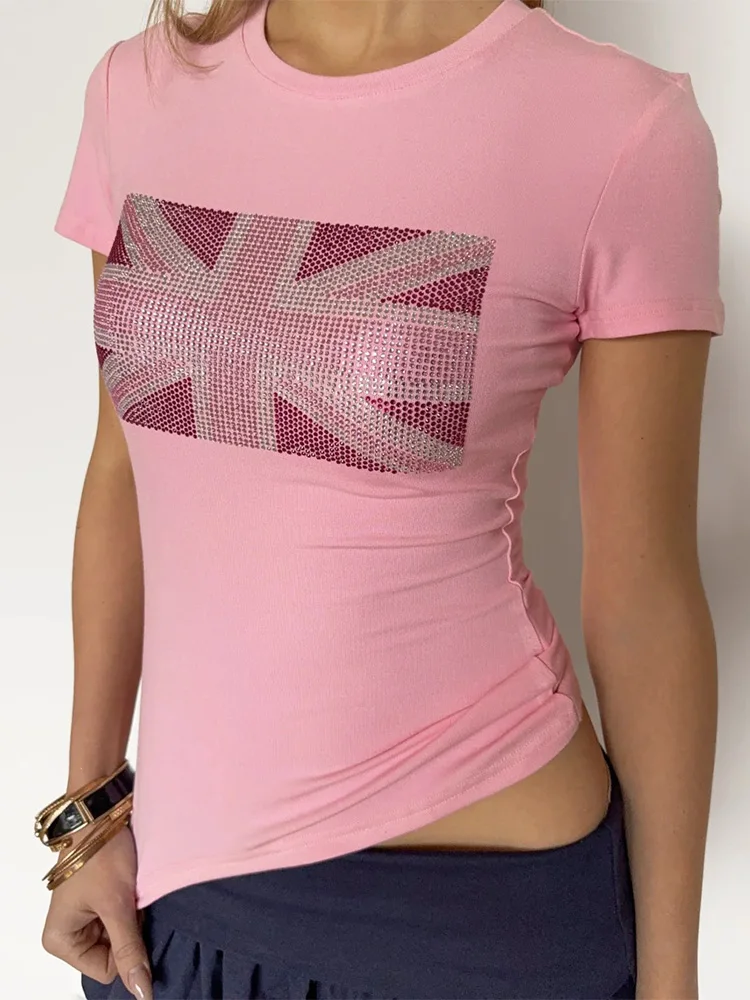 Summer Women Streetwear Club Party Y2K Union Jack Rhinestone Print Round Neck Slim Side Ruched Crop Baby Tee Short T-Shirt
