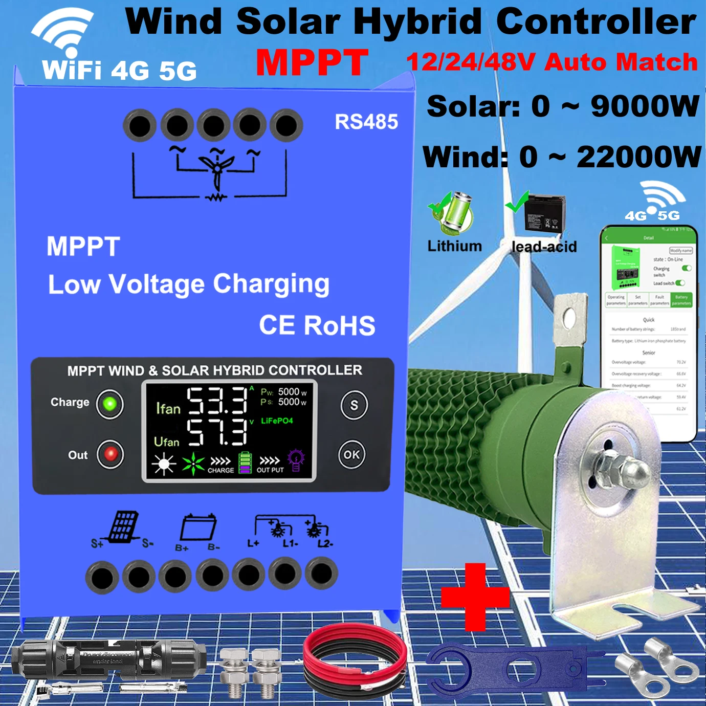 

4000 Вт, 12 В, 24 В, 48 В, MPPT, гибридный солнечный контроллер, ветряная турбина, эквалайзер батареи с отбойной нагрузкой, ЖК-дисплей для Lifepo4, все батареи