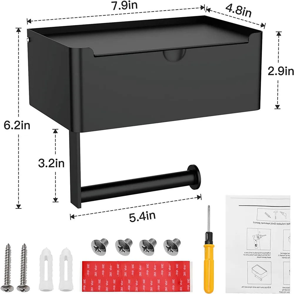 Imagem -05 - Suporte de Papel Higiênico Preto de Flushable Toalhetes Dispensador Adesivo ou Parafuso Fixado na Parede Suporte do Rolo de Papel Higiênico Aço Inoxidável