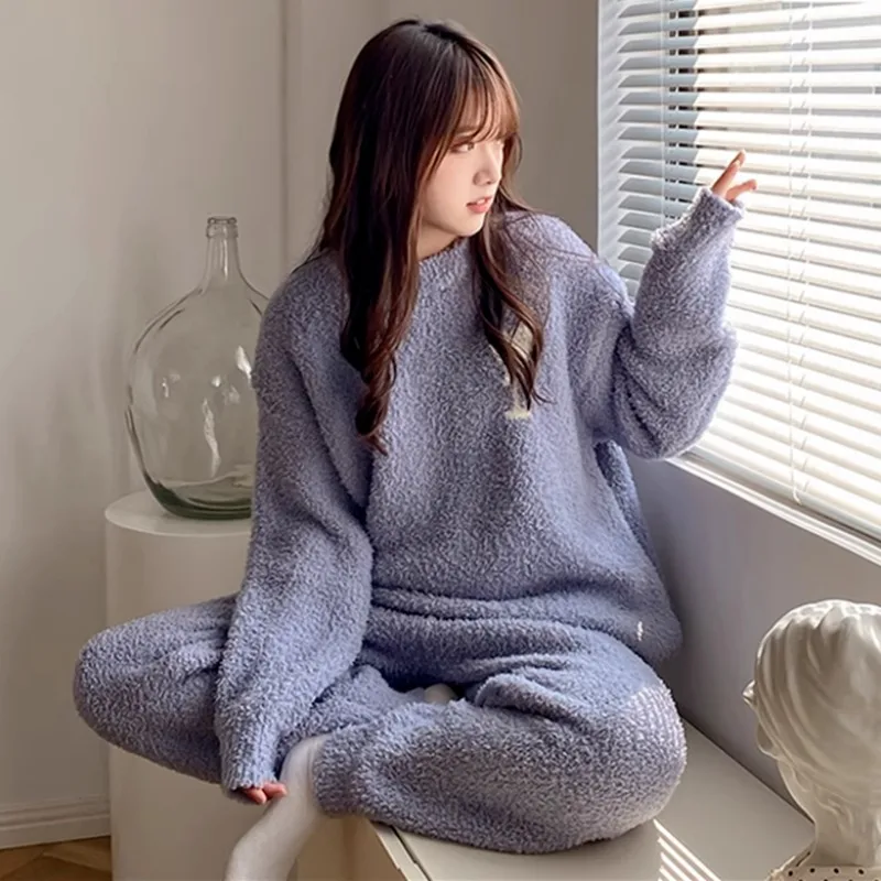 Coral Velvet Pajama Sets Women Thicker Bow Sweet Keep Warm Full-length Comfortable Sleepwear Furry Lovely Homewear Harajuku New